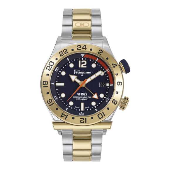 Salvatore Ferragamo 1927 Men’s Swiss Made GMT Watch 44mm Two-Tone SFMZ00522